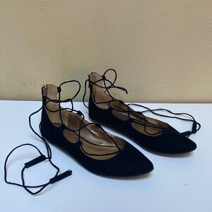 BCBG Black Faux Suede Pointy Toe Crisscross Lace Up Flats Size 8